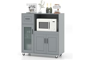 GOFLAME Rolling Kitchen Island Cart on Wheels, Mobile Kitchen Cart with Drawer, Open Shelf and Glass Door Cabinet, Microwave Stand Cart, Portable Kitchen Island for Kitchen, Dining Room, Grey