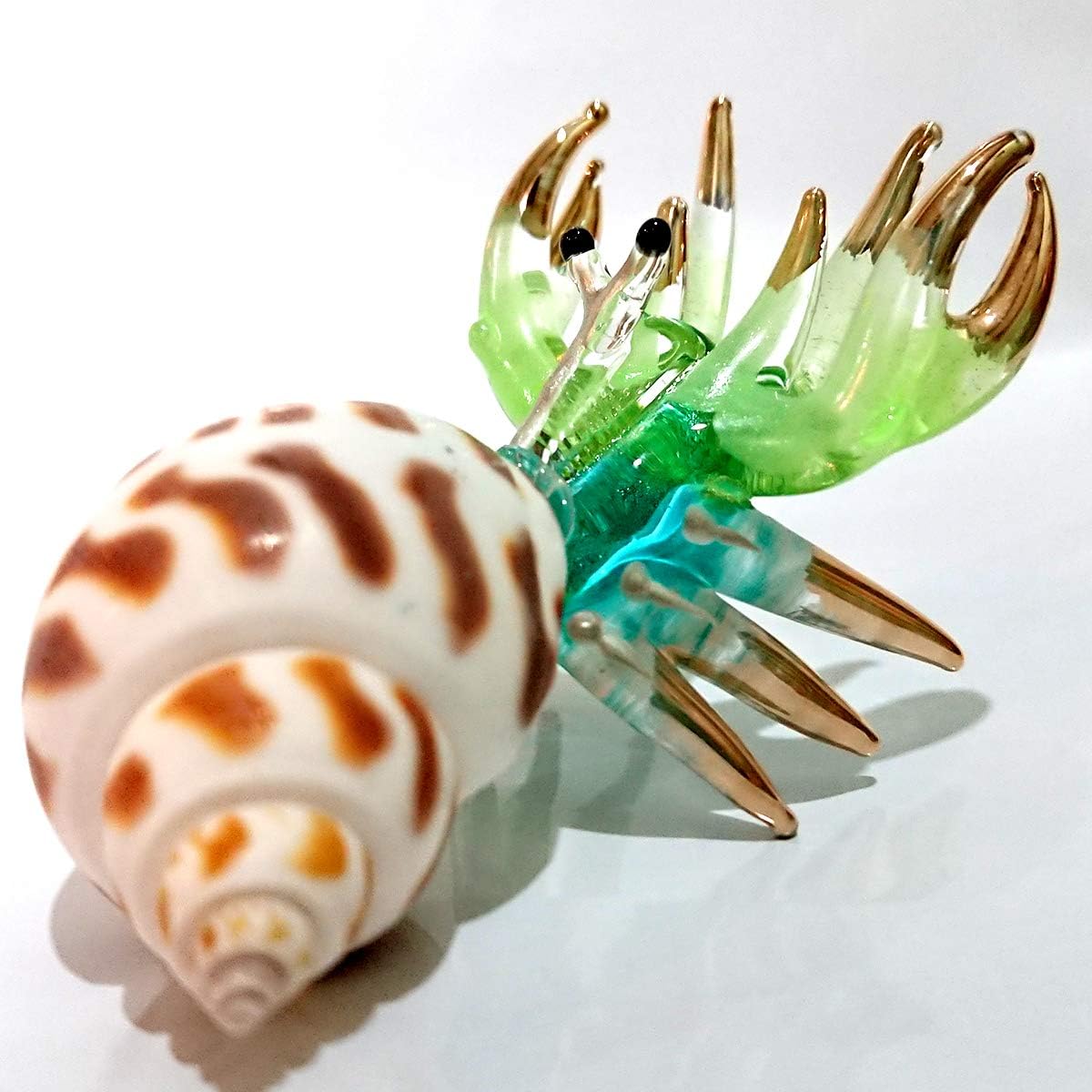Sansukjai Seashell Hermit Crab Miniature Figurines Animals Hand Painted Blown Glass Art with 22k Gold Trim Collectible Gift Decorate, Green Blue