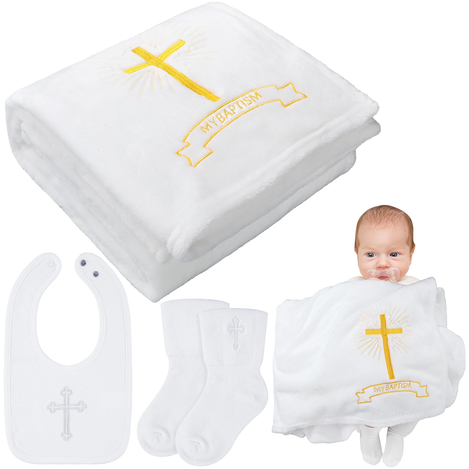 Photo 1 of Panitay Set of 3 Baby Baptism Blanket White Bibs Baptism Socks for Baby Boys Girls Soft Coral Fleece White Receiving Blanket Christening Dedication Accessories