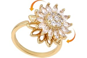 Mikovivi Gold Rotatable Sunflower Ring, Adjustable Spinner Fidget Ring with Cubic Zirconia Gold Copper Flower Jewelry for Wom