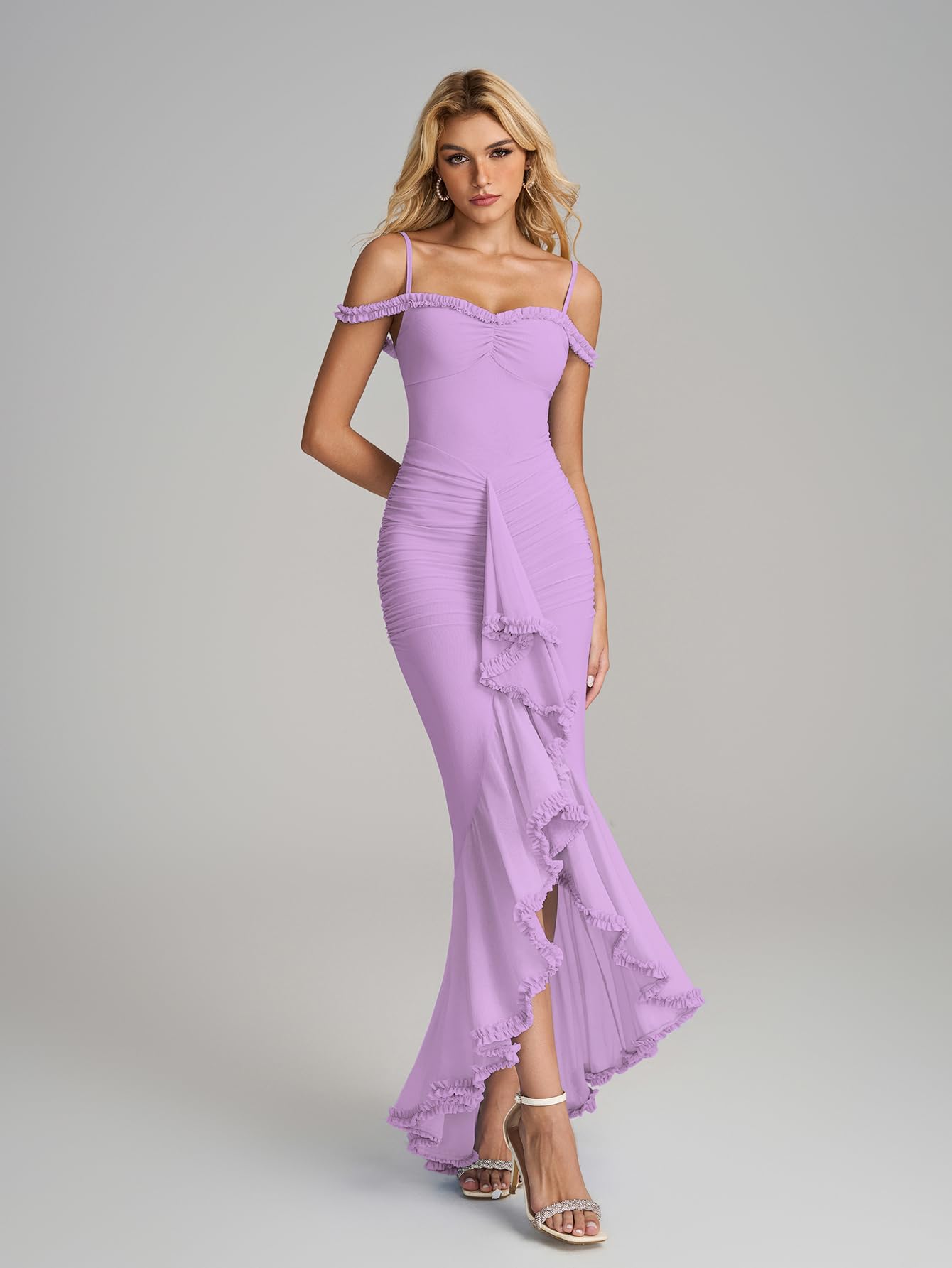 Condition photo showing New/Like New for kutumai women ruffle bodycon maxi dress ruched long formal cocktail wedding guest dresses lilac