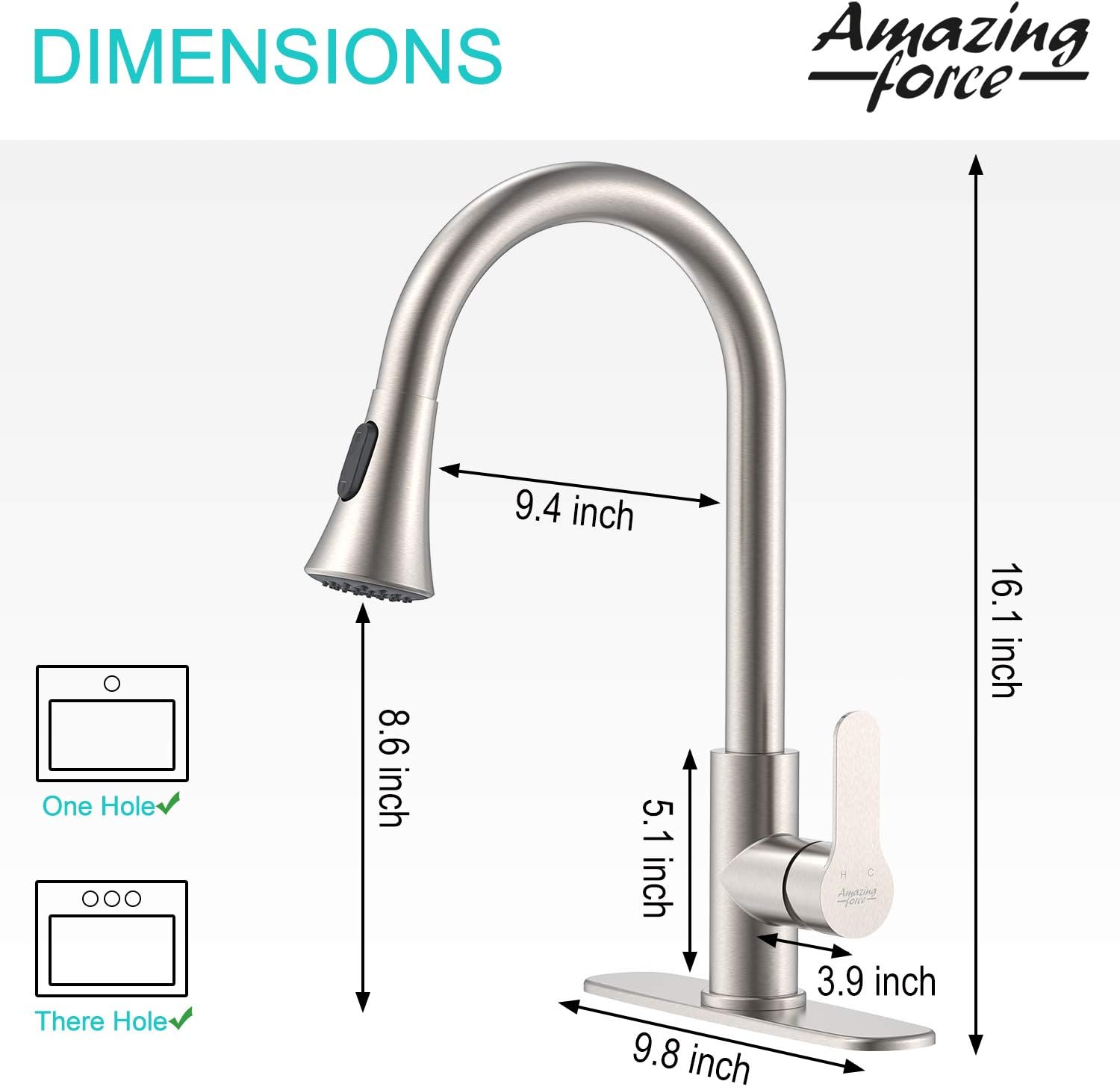 AMAZING FORCE Brushed Nickel Kitchen Faucet with Pull Down Sprayer Kitchen Sink Faucet Single Handle Kitchen Faucet Brushed Nickel Utility Sink Faucet for Laundry Sink Stainless Steel - - 