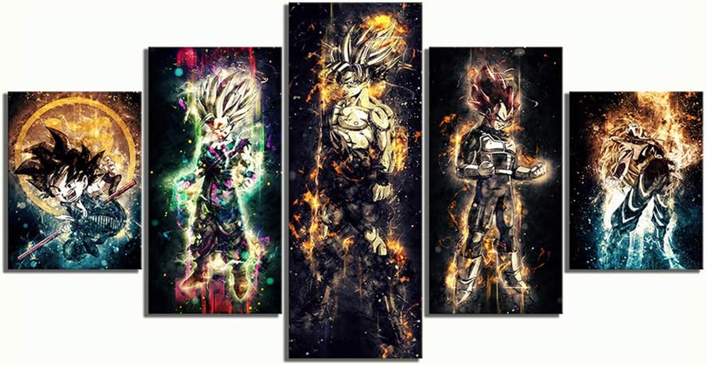 QJXX 5 Pcs Dragon Ball Super Saiyan Goku Vegeta Black Background Prints on Canvas Wall Art Printed Pictures Artwork Paintings for Home Decoration,B,20cm35x2+20x45x2+20x55x1