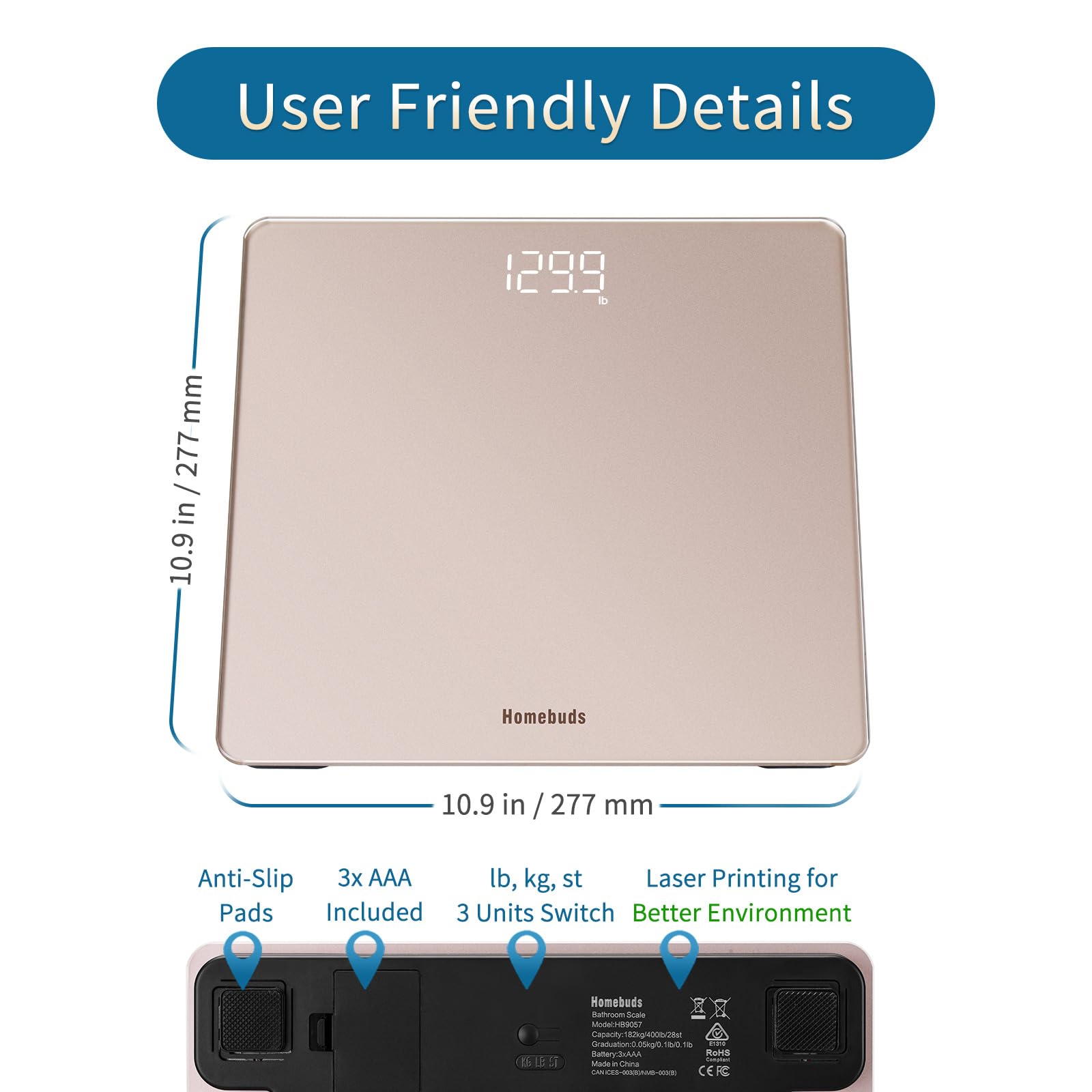 HomeBuds Digital Bathroom Scale for Body Weight, High Precision Assured by Weight Scale Professional Factory Since 2001, Bright White LED and Step-On, 3*AAA Batteries Included, 400lb/182kg, Rose Gold