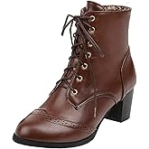 Uniquelly Womens Wingtip Booties Chunky Heel Ankle Boots Lace Up Round Toe Vintage Comfortable Winter Shoes (brown,US9.5)