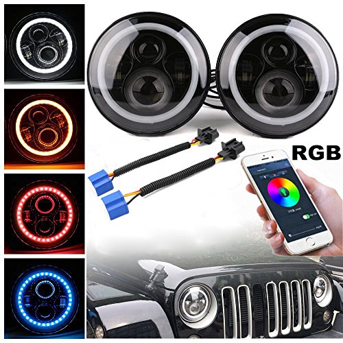 HOZAN 7inch LED RGB Halo Headlight Bluetooth Control Headlamp for Jeep Wrangler JK Unlimited JK TJ CJ LJ Safari Y60