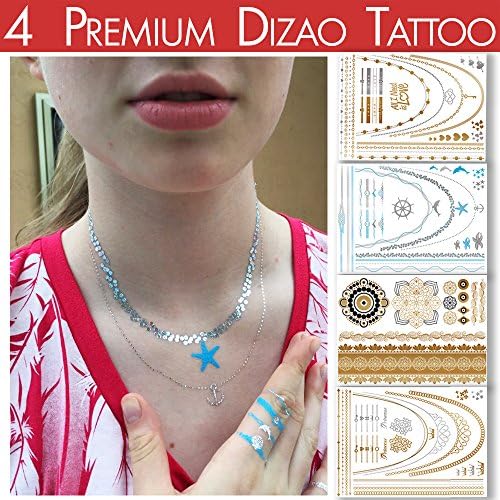 4 sheet Premium Dizao Tattoo. Over 100 tattoos. Flash Jewels. Gold and Silver Temporary Metallic Tattoo.