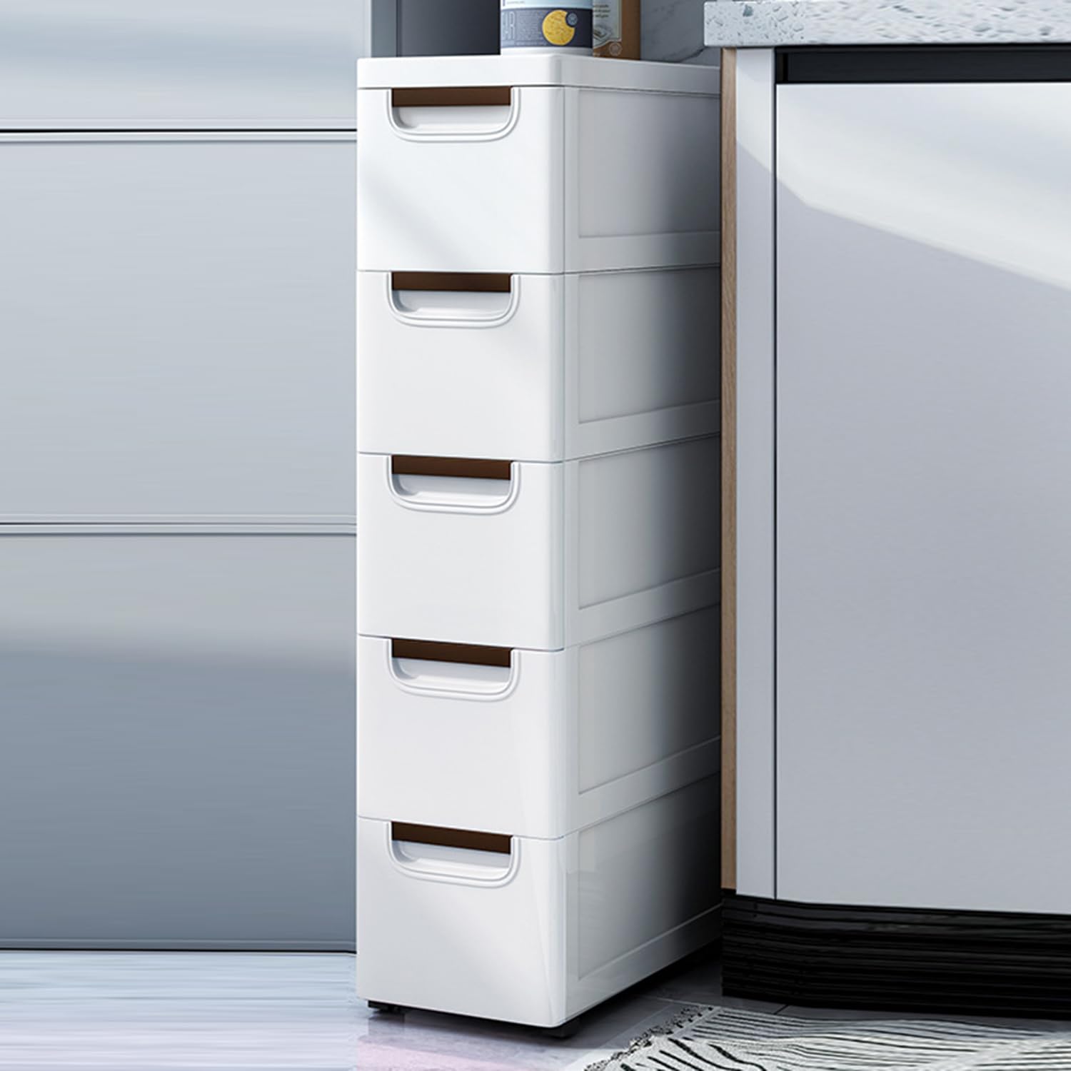 Photo 1 of ILWorkTLs 5 Drawers Narrow Slim Plastic Storage Cabinet,Storage Drawer with 4 Wheels,5 Tier Drawers Dresser,White