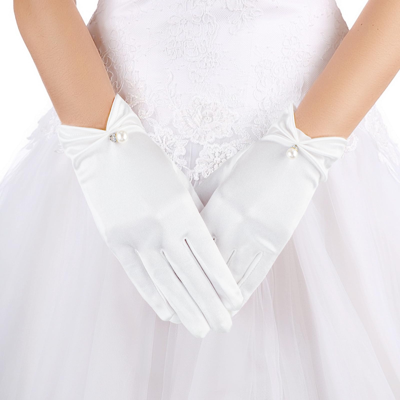 Photo 1 of TIESOME Women's Pearl Wedding Gloves Short Satin Opera Gloves, Wrist Length White for 1920s Banquet Tea Party Tuxedo Dance