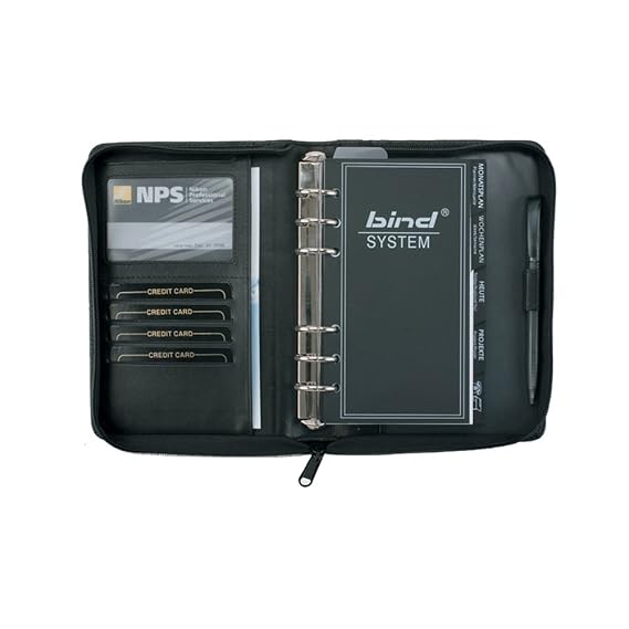 Bind 10100 - Systemplaner Mappe mit Reißverschluß, aus echtem Leder, schwarz, ca. 20 × 15 × 5 cm, mit A6 Terminkalender 1W=2S