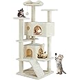 DUMOS 54-inch Indoor Cat Tree Tower –Multi-Level Pet House for Large Cats with 2 Condos, Scratching Posts, Round Platform, Small Ladder, and Toys, Beige