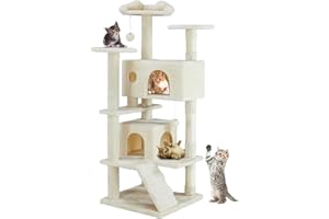 DUMOS 54-inch Indoor Cat Tree Tower –Multi-Level Pet House for Large Cats with 2 Condos, Scratching Posts, Round Platform, Small Ladder, and Toys, Beige
