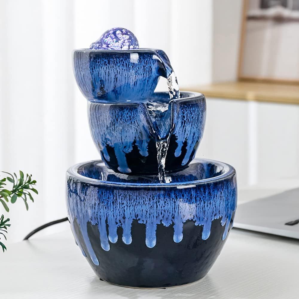 Indoor Fountains & Accessories - Ceramic Tabletop Fountain with Ball for Indoor Table Desk Office Home Decoration (Blue)
