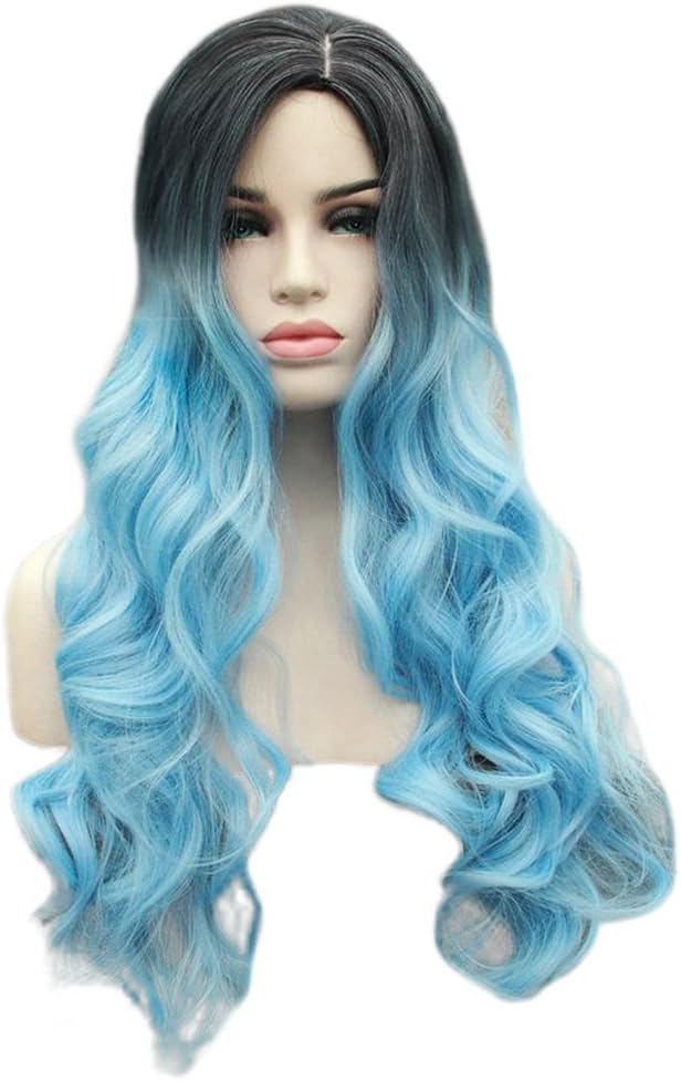 Panda Hair Women Wigs 29 Inch Long Wavy Ombre Color Synthetic Wig - Cosplay Party Use Wig for Women(Black to Sky Blue)