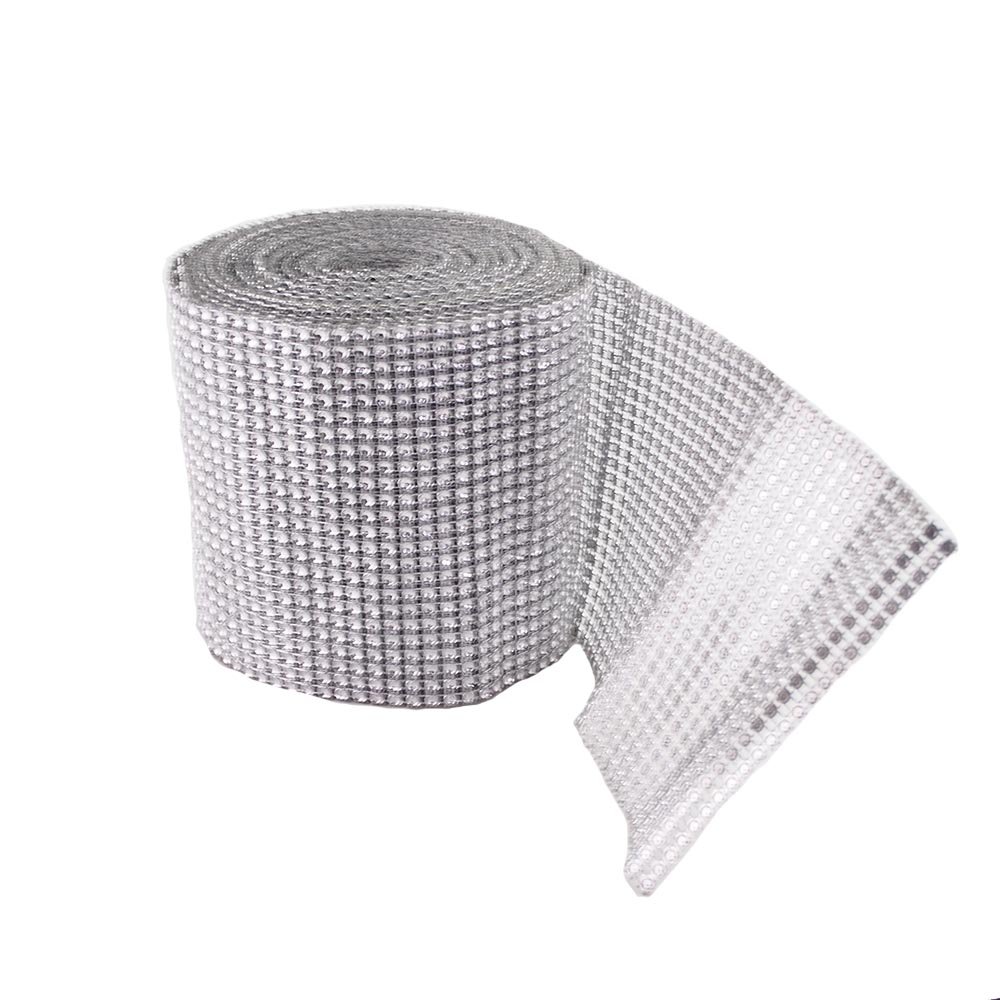 RayLineDo® 24 Row Silver Acrylic Rhinestone Diamond Mesh Wrap Roll 10 Yards Cake Ribbon Banding Party Decorations Hanging Wedding Supplies