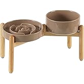 Havniva Ceramic 1.2 Cup Raised Slow Feeder Dog Bowl Set, Elevated 6.1inch Bowl and 7.3inch Puzzle Slow Food Dish with Wooden Stand for Medium and Small Dog, Anti-Gulping (2 x Brown Coffee+ Stand)