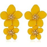 MALOYANVE Bohemian Flower Earrings for Women Delicate Big Double Layered Tiered Daisy Matte Metal Floral Petal Dangle Drop Statement Earrings Chic Boho Hawaii Vacation Wedding Flower Jewelry