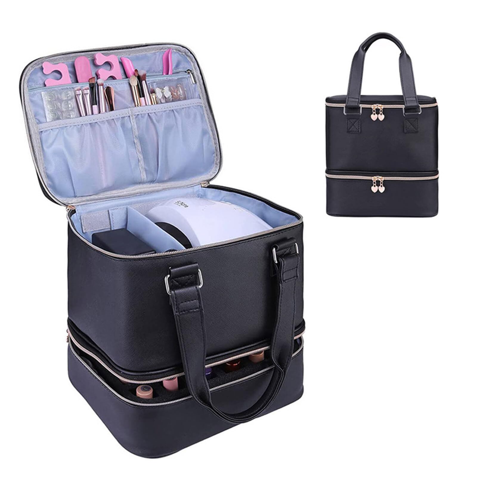 Nail Polish Storage Bag Double Layer Portable Makeup Box Nail Polish Organiser Hold 30 Bottles for Nail Lamp Nail Polishes Nail Accessories, Black