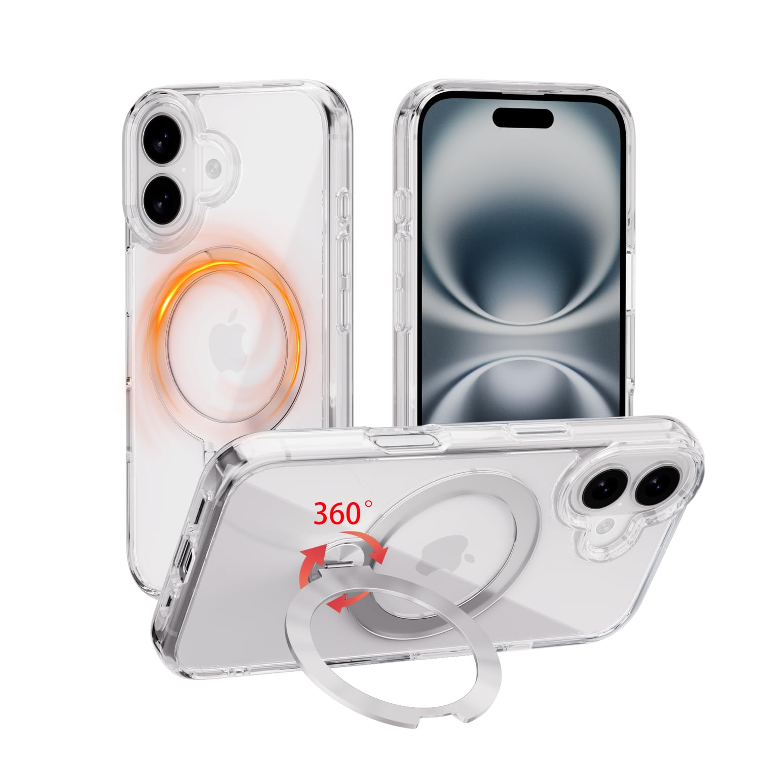 Photo 1 of MEIMIOU for iPhone 16 Case Clear with 360°Spin Magnetic Stand, Compatible with MagSafe, Military-Grade Slim Hard Protective Cover Kickstand & CD Ring Holder,6.1"