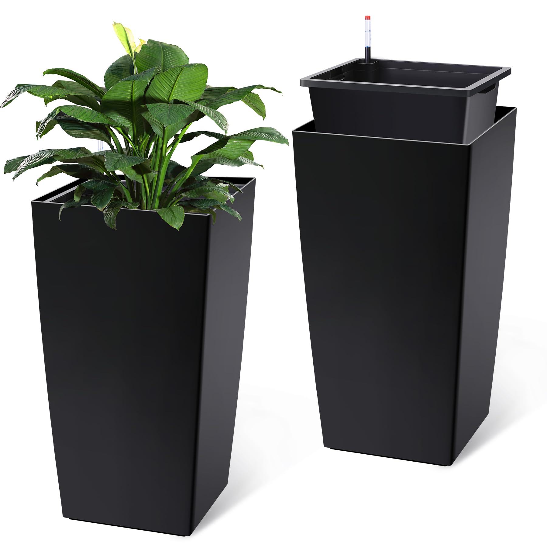 Photo 1 of *** ONE POT BROKEN ON RIM***GarveeLife Tall Planters Set of 2 with Water Level Monitor & Drainage Holes Black 30"