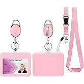 Pink Horizontal ID Badge Holder with Lanyard, Retractable Heavy Duty Oval Badge Reels,Detachable Keychain, for Nurse Officer Teacher Security Staff Women Men