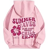 Lubpow Cute Pink Hoodie for Women Aesthetic Preppy Puff Hoodies Trendy Hibiscus Flower Graphic Sweatshirts Casual Pullovers