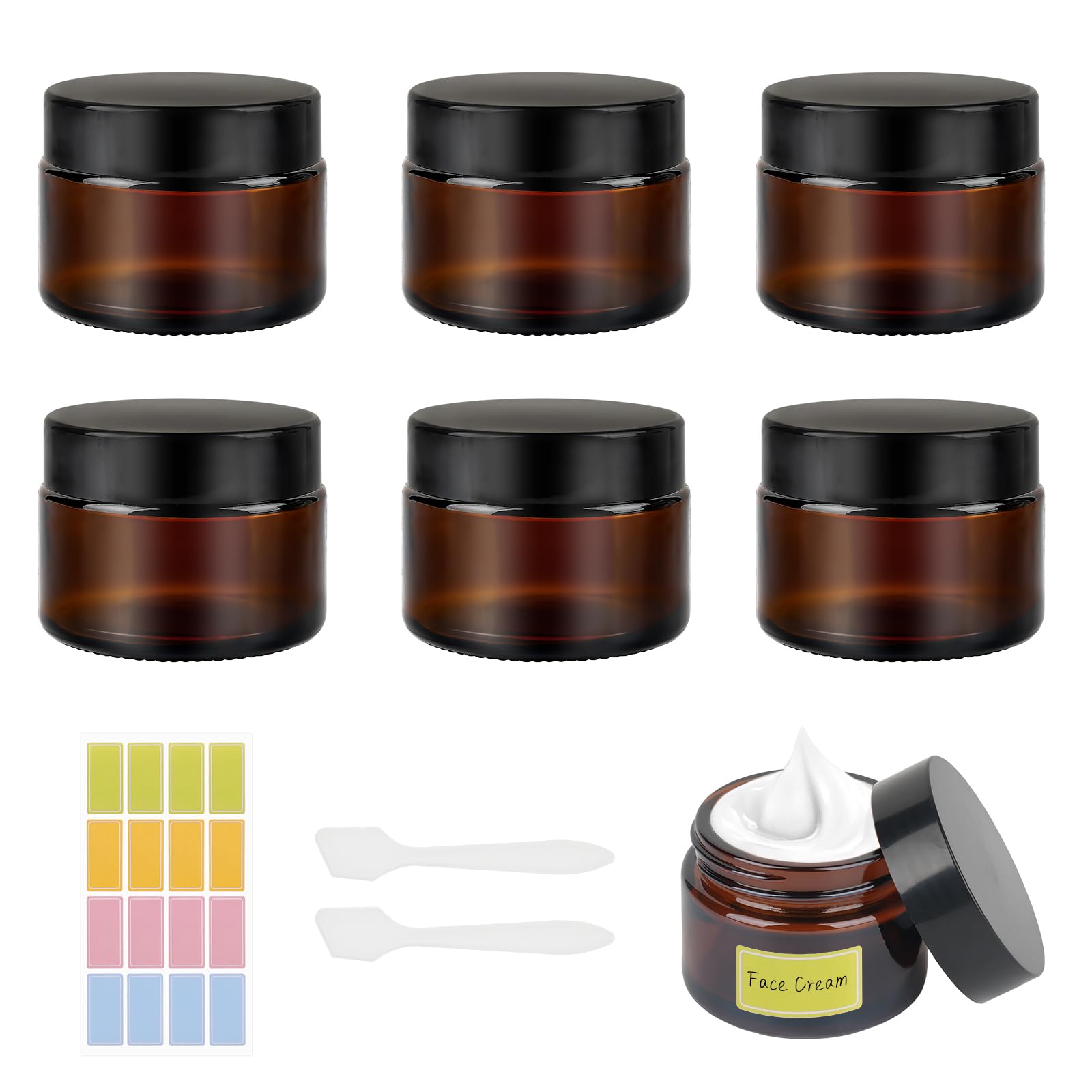 50ml Amber Glass Jars, 6 Pack Empty Cosmetic Jars with Lids,Travel Pots with Spatula and Labels for Toiletries, Cosmetics,Powder,Lotion,Creams