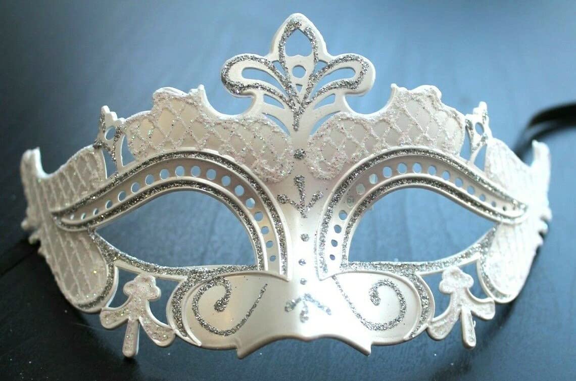 LADIES SPARKLING WHITE AND SILVER RIALTO VENETIAN MASQUERADE CARNIVAL PARTY EYE MASK