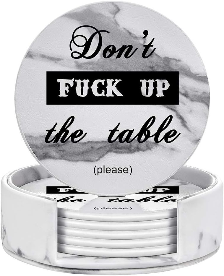 Funny Coasters for Drinks, Thipoten 6 Pcs Leather Coasters with Holder, Housewarming Hostess Gifts, Protect Your Table from Notorious Spills, Perfect for Living Room, Coffee Table, Office Desk