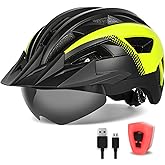 FUNWICT Adult Bike Helmet with Visor and Goggles for Men Women Mountain Road Bicycle Helmet Rechargeable Rear Light Cycling Helmet
