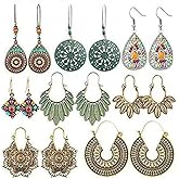 Magnoloran 8 Pairs Bohemian Earrings for Women Vintage Boho Dangle Drop Earrings Geometric Teardrop Earring Retro Metal Hollow Hoop Earrings Ethnic Style Jewelry Earrings Set