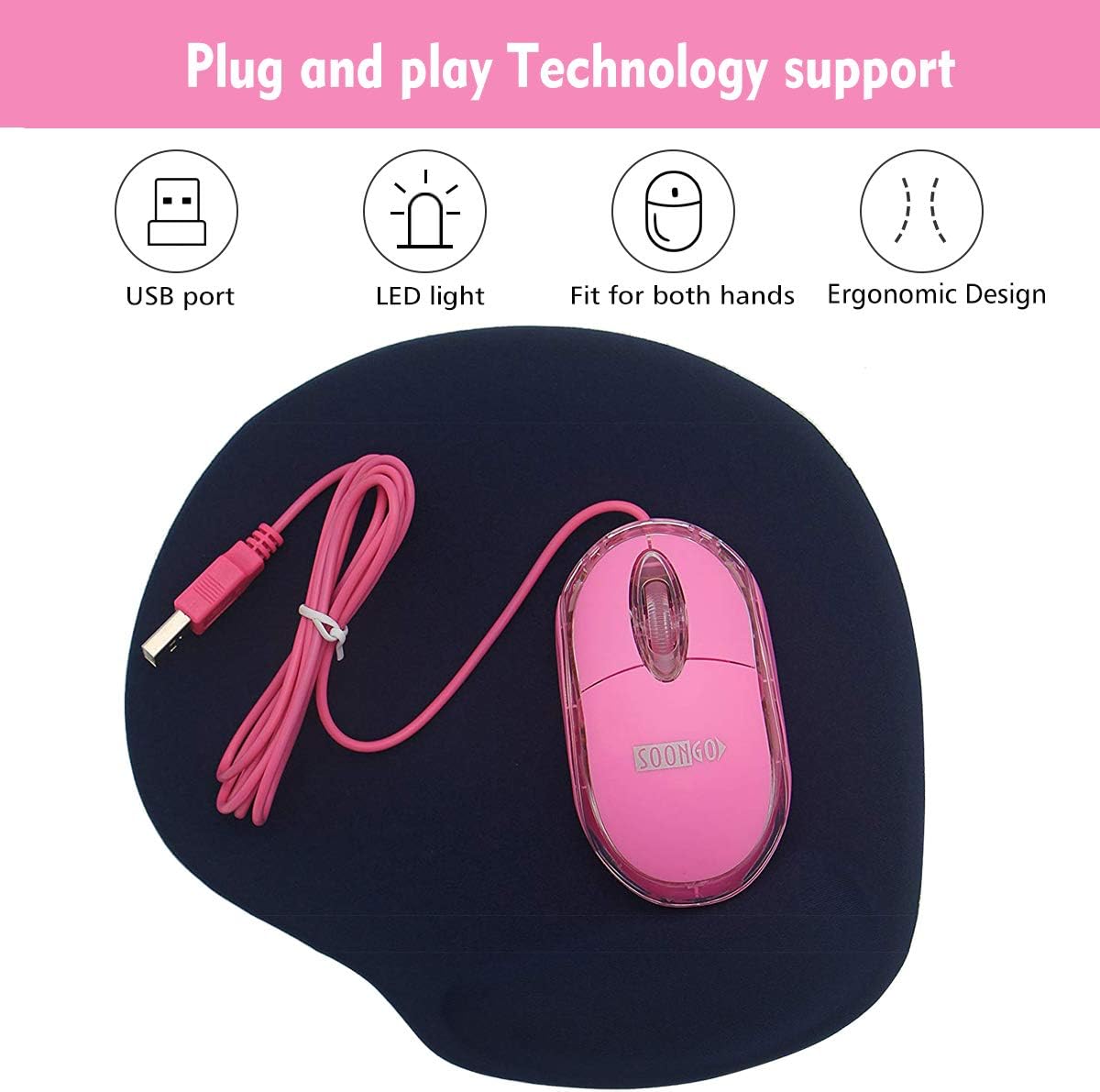 SOONGO Pink USB Optical Mouse for Laptop PC & Desktop - Compatible with Windows, Linux, Mac, Medium - Image 4