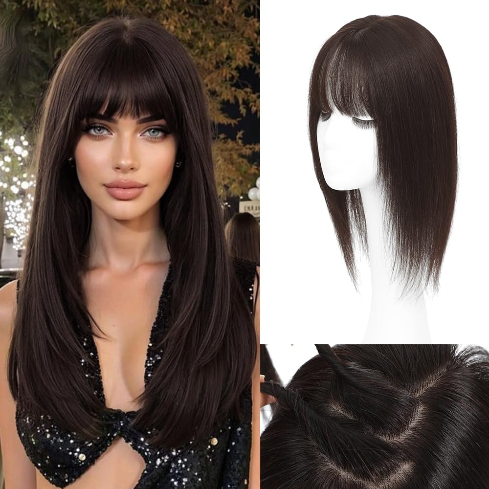 Photo 1 of HVVZOY Hair Toppers for Women Real Human Hair,360°3D Big Basement Cover Topper for Women with Thinning Crown with Wispy Clip in Bangs Realistic Scalp (Dark brown, 3D Wispy Bangs 18INCH)