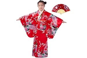 CRB FASHION CRB Womens Girls Kimono Japanese Asian Top Dress Robe Sash Belt Fan Set Outfit