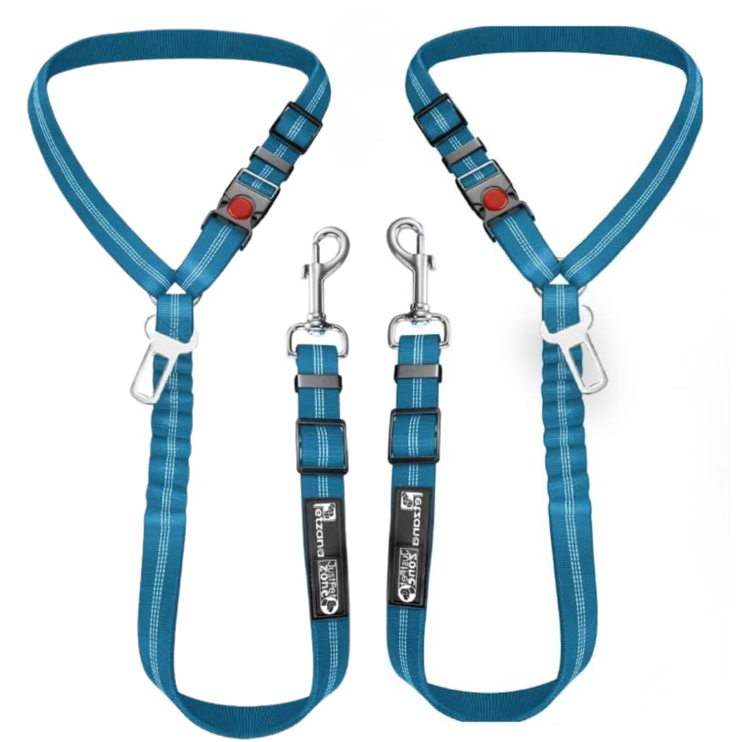 Comfortable Dog Seat Belt Harness for Car - 2-in-1 Leash and Restraint Secures to Headrest. Adjustable Bungee, Strong, Durable, 360 Degree Swivel Attach Won't Twist, Reflective, Easy to Use (Blue)