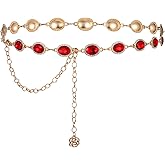 Lnngub Red Chain Belt Red Gem Rhinestone Belts Adjustable Metal Cowgirl Western Chain Belts for Women Dresses Jeans