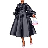 YOOTIKO Women Long Sleeve Satin Dress Button Flowy A Line Formal Cocktail Babydoll Dress with Belt