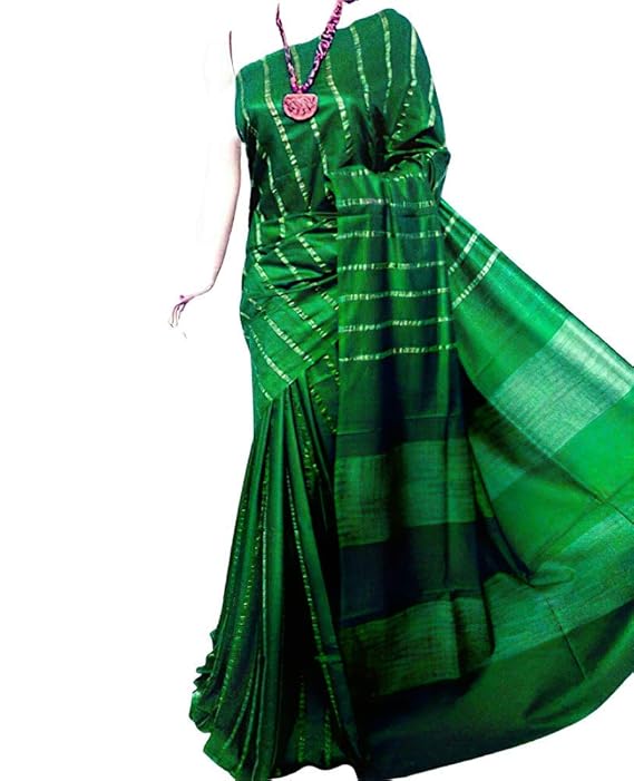 For Womens Bhagalpuri Kota Silk Green Bunty Bably Saree With Plain Srtriped And Running Blouse Piece Free Sise