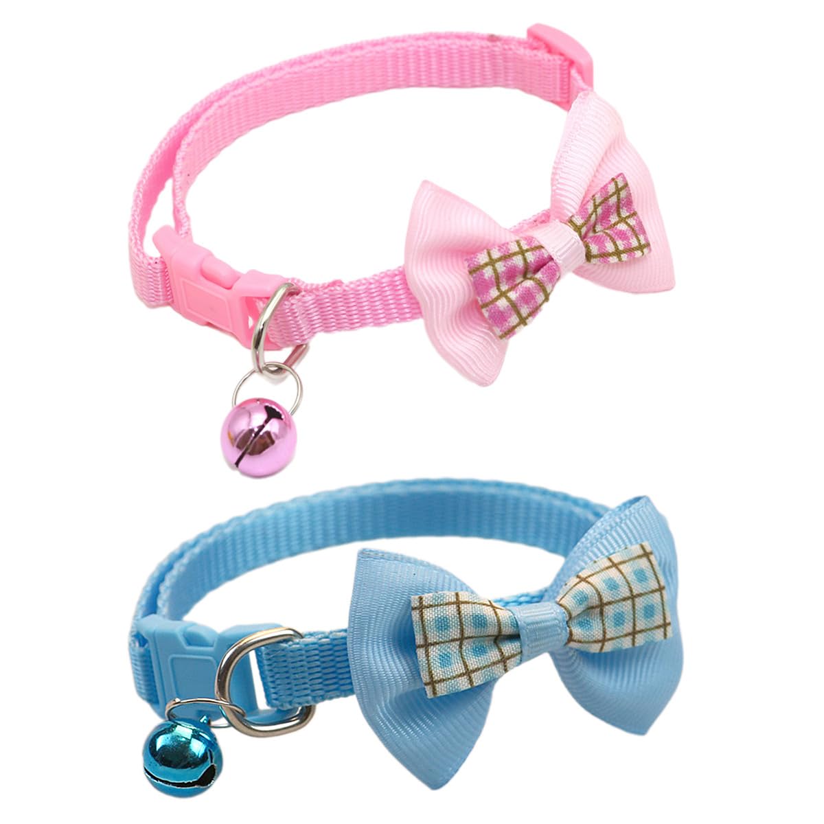 Safe and quick release cat collar, soft kitten collar with removable bow and bell, pack of 2, adjustable 19-32 cm (19-32 cm, sky blue + pink)