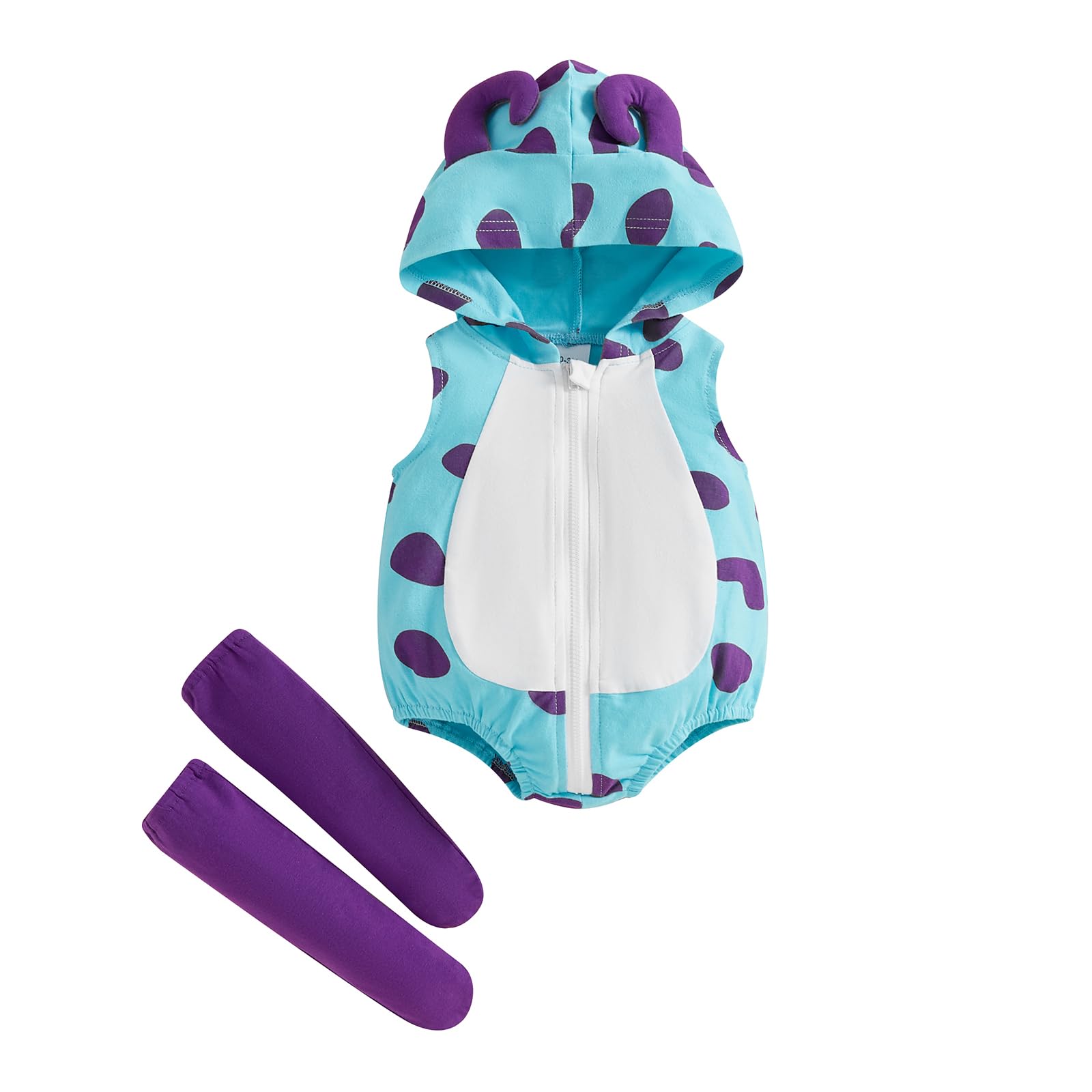 Photo 1 of Unisex Baby Monster Costume for Girls and Boys Sleevless Front Zipper Hood Romper with Long Socks 2 Pcs Set (Blue, 12-18 Months)