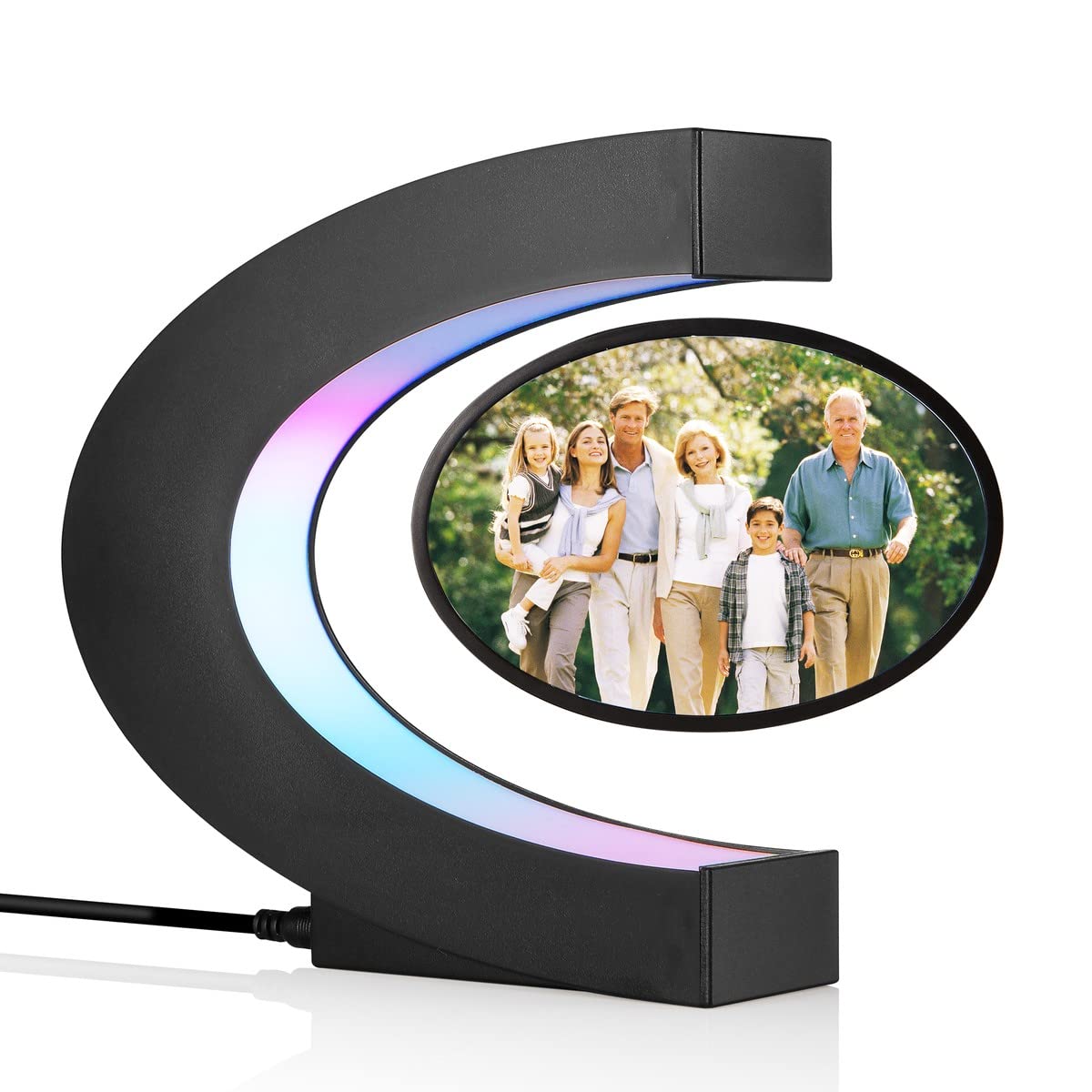 UVEHAS Levitating Photo Frame with LED Colorful Lights Magnetic Levitation Floating Rotating Picture Frame Display Stand Night Light for Home Office Desk Decoration Wedding Gift, C Shape