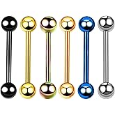 Heuvipens 6pc 14G Surgical Steel Mixed Color Barbell Tongue Straight Bar Ring Stud Piercing Jewelry Set 5/8" Length