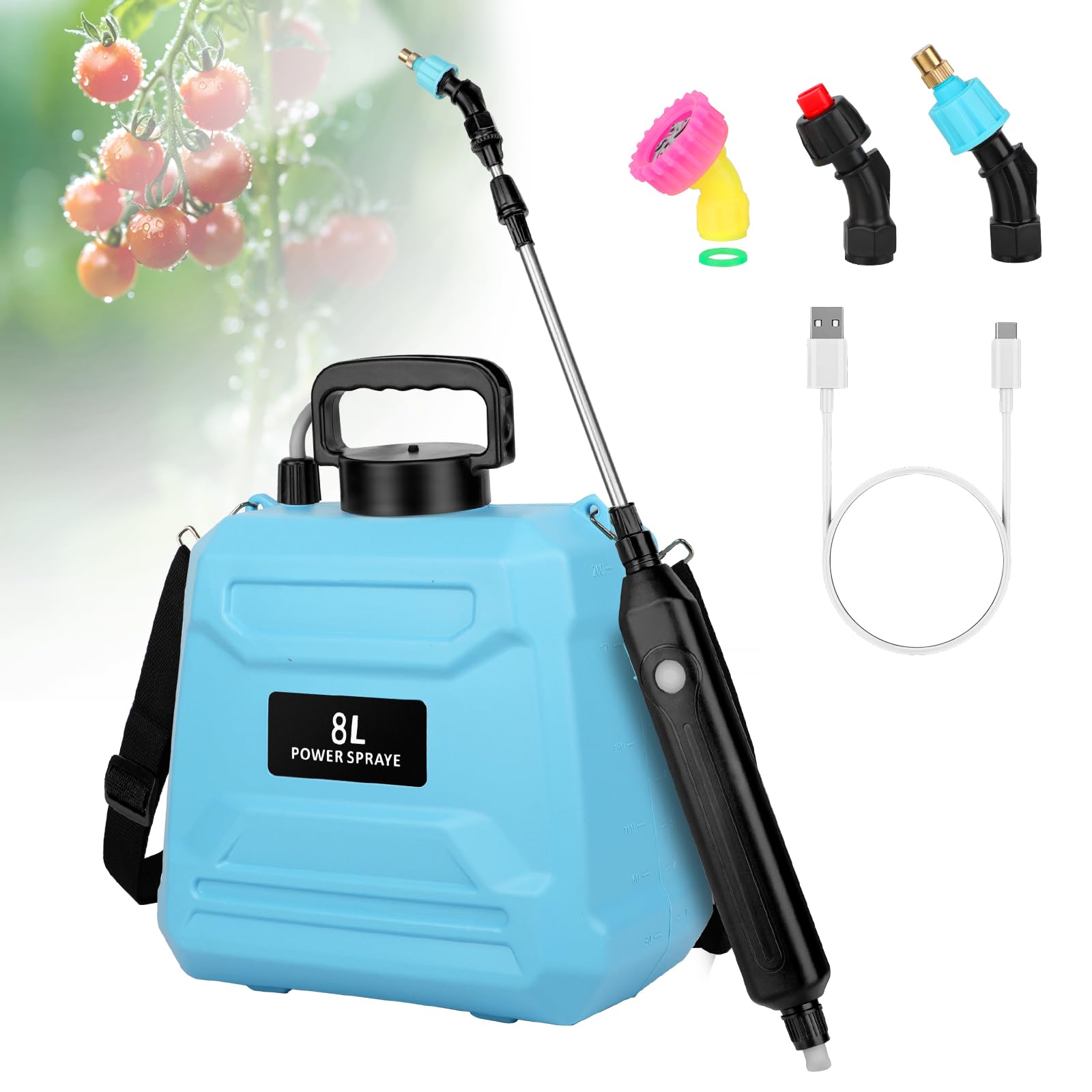 Photo 1 of ***MISSING PARTS***
2 Gallon Battery Powered Sprayer, Electric Garden Sprayer, Pump Sprayer with 3 Mist Nozzles & USB Rechargeable Handle & Retractable Wand & Adjustable Strap for Lawn, Garden, Yard(Blue)
