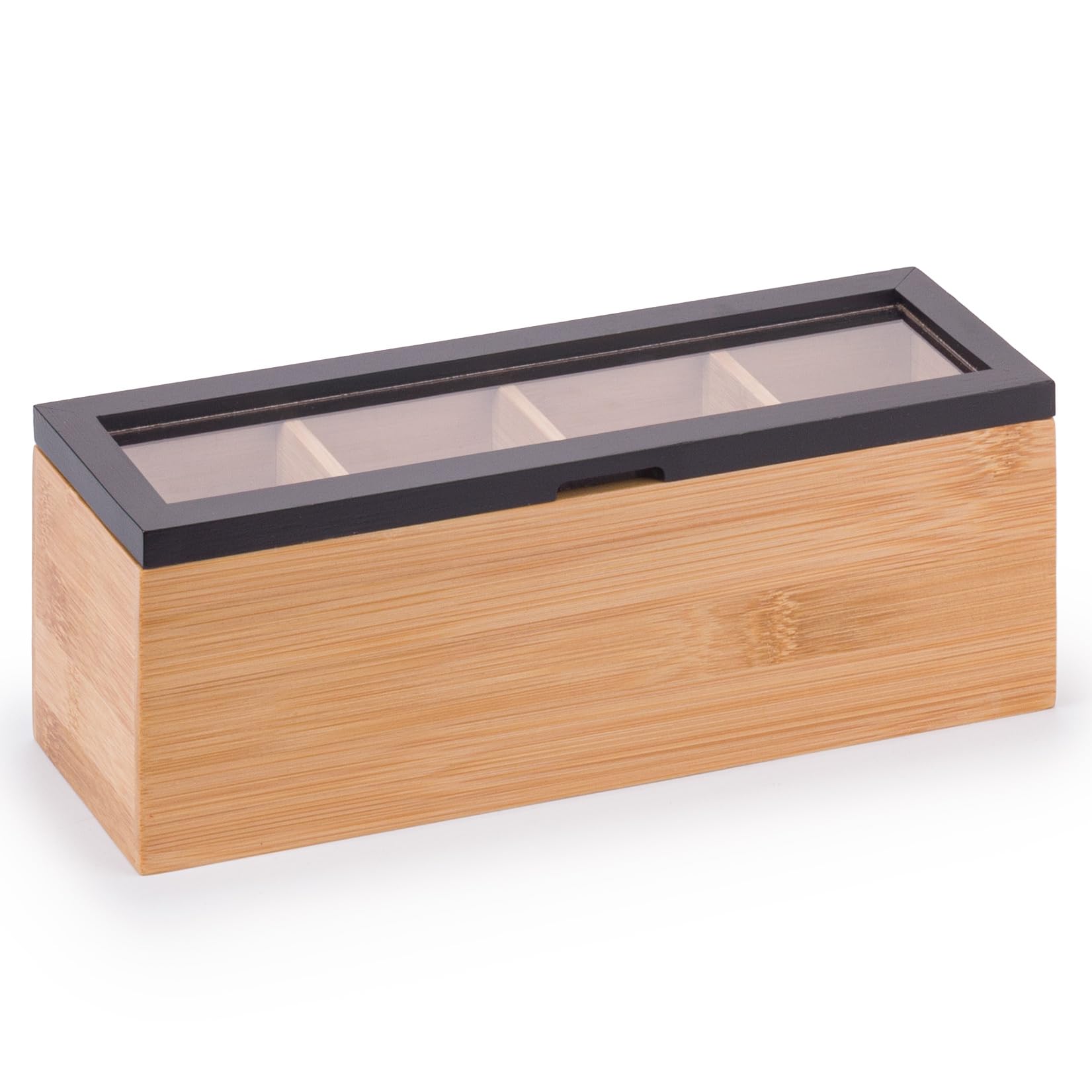 Woodluv Tea Storage Organizer with 4 Compartments, Premium Multi Purpose Display Case, Storage for Assorted Teas, Lidded Countertop Holder, Stylish Chai Container with Lid for Kitchen - Black