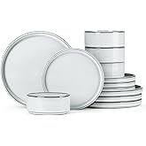 Onader Stoneware Dinnerware Sets, 12 Piece Plates and Bowls Dish Sets for 4, Ceramic Dishware Dining Ware with Rustic Terracotta Bottom - Glacier White