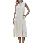 Allegra K Linen Dress for Women Sleeveless V Neck Bow Tie Ruffle Collar Flowy Tiered Midi Dresses