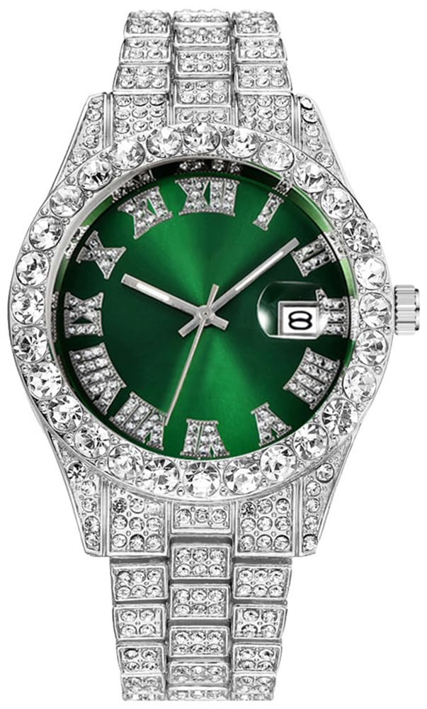 HUNRUY Hip Hop Watches for Men Iced Out Bling Diamond Luxury Quartz Watches with Date, XL face-silver green, Fashion
