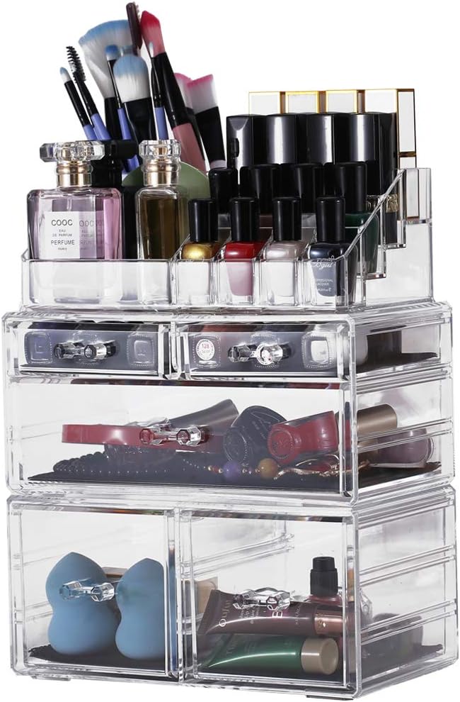 Sooyee Makeup Organizer 3 Pieces Clear Acrylic Cosmetic Storage Drawers and Jewelry Display Box(5 Drawers 7 Tiers): Home Improvement