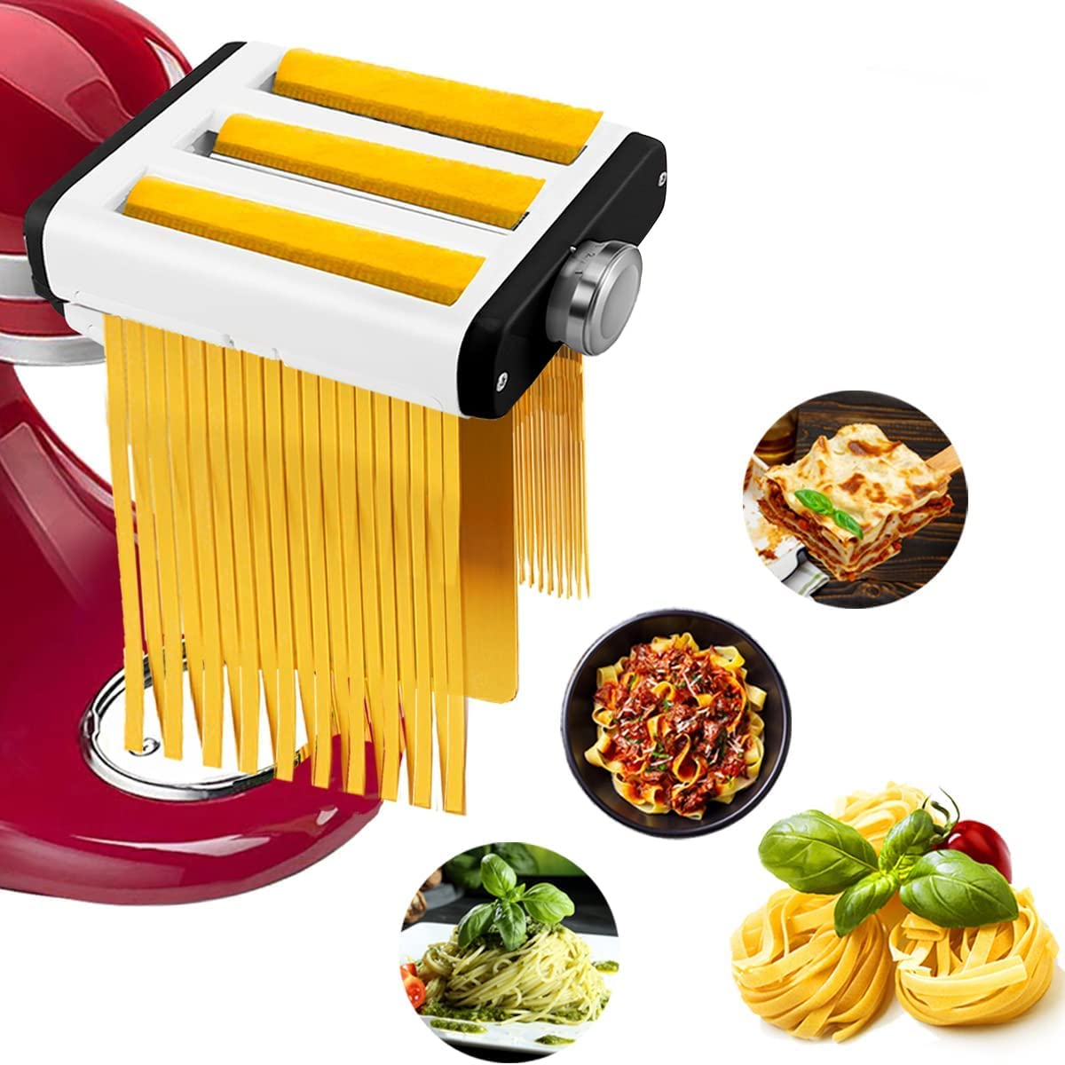 Assiduous 3 in 1 Leaves and Spaghetti Pasta Attachment Set with Cleaning Brush for KitchenAid Made of Stainless Steel, Includes Pasta Sheet Roller, Spaghetti Cutter, Fettuccine Cutter