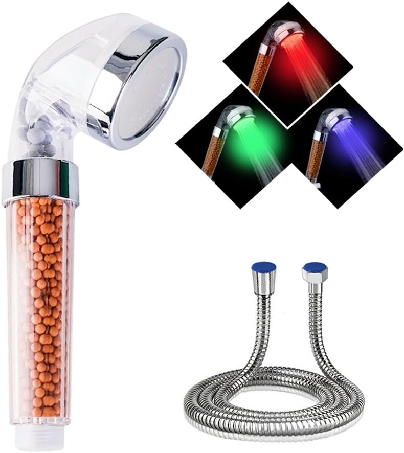 LED Shower Head with Hose,3 RGB Color Changing Negative Ions Anion Temperature Sensor